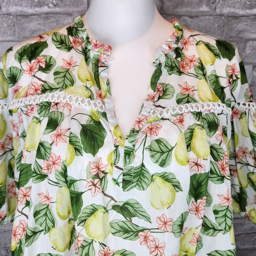 LOFT Blouse Pear Fruit Print Cotton Ladder Lace Boho Summer Large